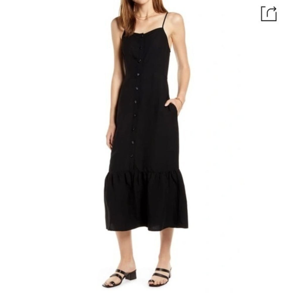 Something Navy button‎ up midi sun dress linen blend tiered flounced hem XS/S